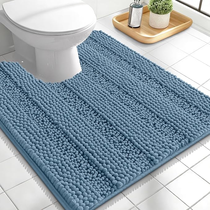 OLANLY Thick Toilet Rugs U-Shaped 24x20, Soft Chenille Bath Mat, Airy Blue | Extra Absorbent Striped Contour Bathroom Rugs for Toilet, Dry Quickly, Machine Washable, Non-Slip
