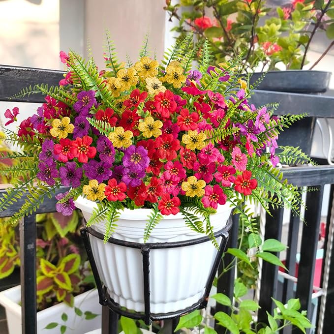 Artificial Faux Outdoor Flowers Plants for Summer Outside Decoration, 14 Bundles Fake Silk Colorful Daisy Ferns UV Resistant Realistic for Front Door Porch Planter Patio Yard