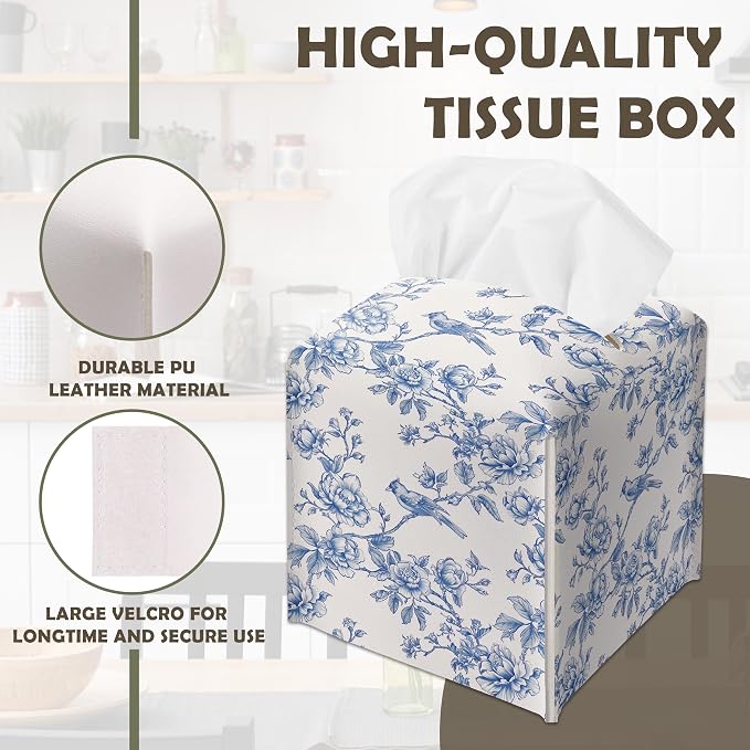 Blue Flower and Bird Decorative Square Leather Tissue Box Cover - Tissue Holder Gifts for Women and Friends on Birthday Housewarming Home Decor Decorative for Bathroom Kitchen Office Car - A08