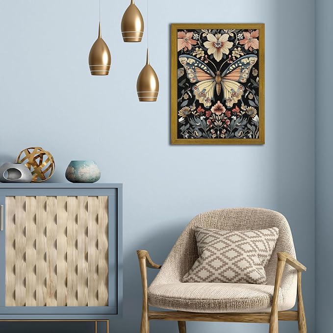 Hand Drawn Sandstone Nature Floral Wall Art, Framed Vintage 3D Textured Butterfly Wall Decor, Gothic Style Flower Insect Print Painting for Living Room Bedroom Home Decor 16x24 inch