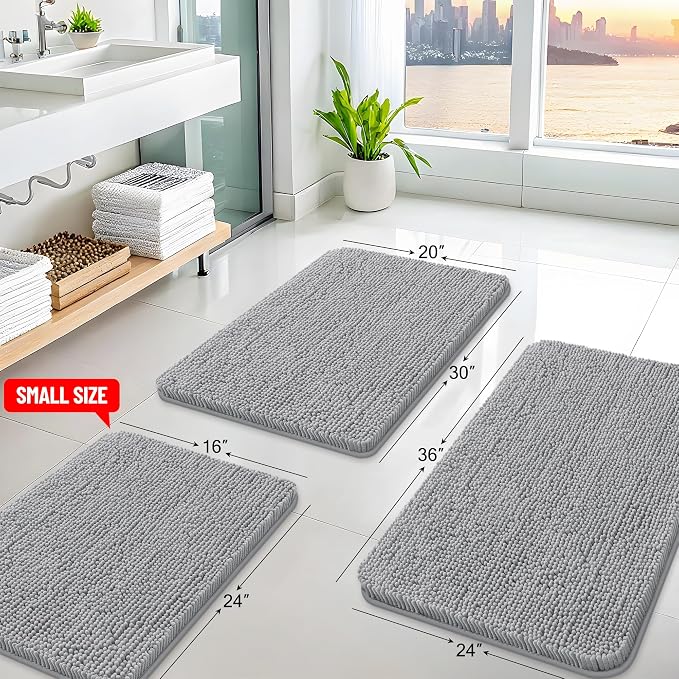 Arotive Bathroom Rugs 59x24, Soft Absorbent Shaggy Chenille Bath Rugs | Light Grey, Machine Washable Rubber Backing Bath Mats for Bathroom Floor Tub and Shower Home Decor Accessories