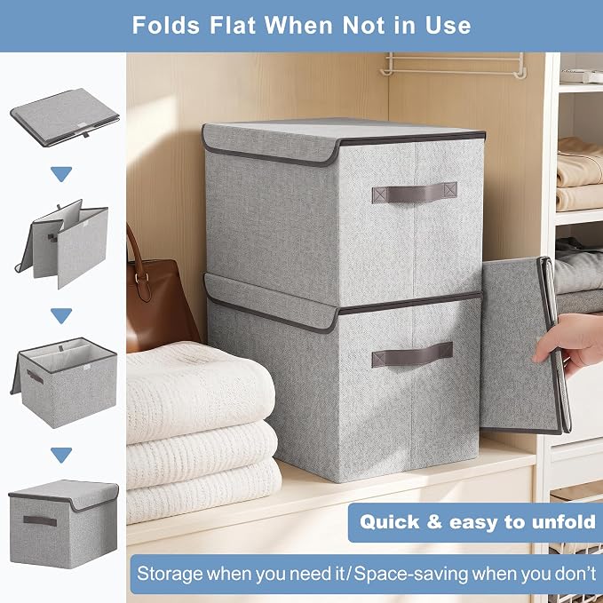 Linen Fabric Foldable Storage Cube Bin Organizer Basket with Flip-Top Lid & Handles, Large Clothes Blanket Box for Home, Office, Closet, Light Gray, 4 Pack 14.6 x 9.5 x 9.5”