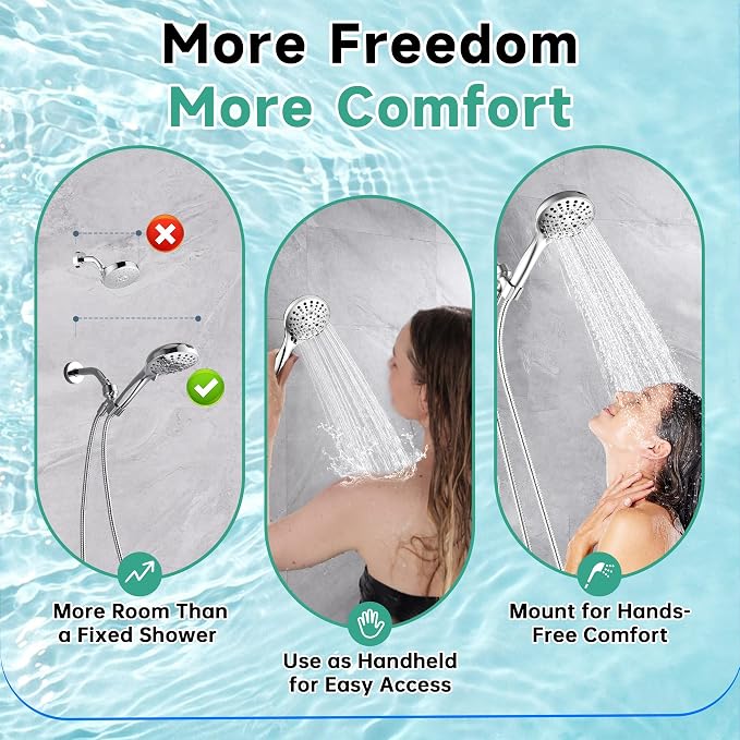 BRIGHT SHOWERS High Pressure Shower Head with Handheld, 9 Spray Settings Showerhead Built in Power Wash to Clean Tub and Pets, Extra Long 69" Hose, Adjustable Bracket, Chrome