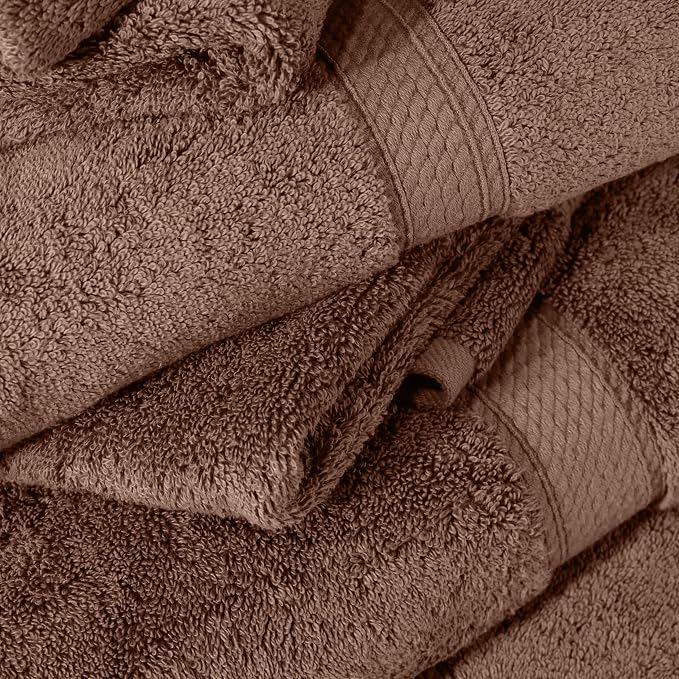 SUPERIOR Egyptian Cotton Ultra Plush & Absorbent, 12 Piece Set, Chocolate | Heavyweight 12 Pc Egyptian Cotton Towel Set Includes 4 Bath Towels 4 Hand Towels 4 Washcloths Decorative Rope Border