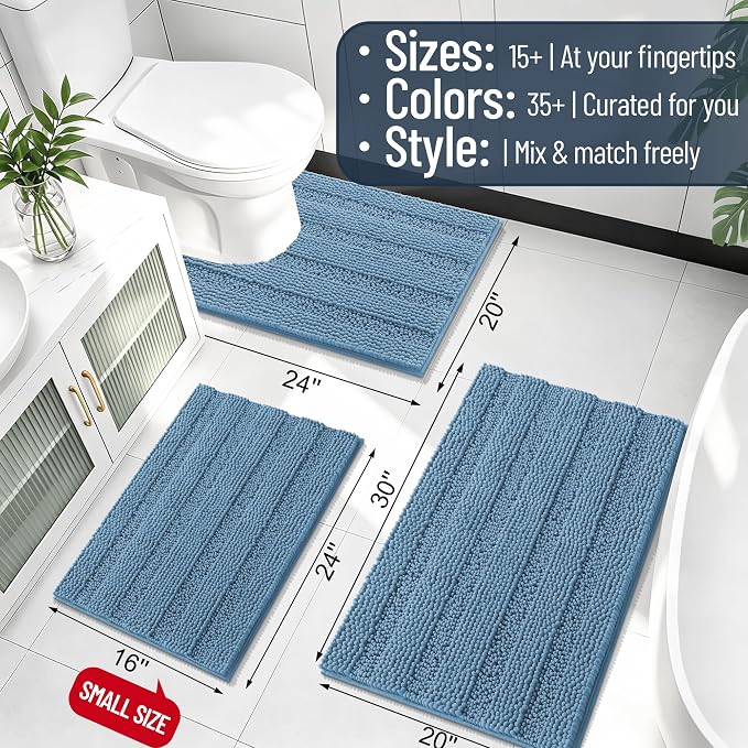 Smiry Thick Chenille Bathroom Runner Rugs 47x17, Soft Bath Mat, Airy Blue | Quick‑Dry & Machine Washable, Non‑Slip Bath Carpet, Striped Bath Rugs for Tub & Shower, Modern Home Decor Accessories