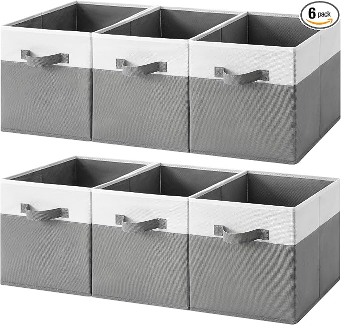 Cupic Cupid 6-Pack 11x11 Storage Cube, Fabric Storage Cubes, Gray and White | Foldable, Reinforced Front Handle, Holds Blankets, Towels, Linens and More, Fits Shelves, Closet, Bedroom, Dorm