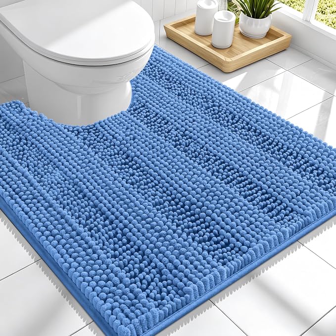 Smiry Thick Chenille Toilet Rugs U-Shaped 24x20, Bath Mat, Cornflower Blue | Soft Absorbent Striped Contour Bathroom Rugs, Machine Washable, Dry Quickly, Non‑Slip, Modern Home Decor Accessories