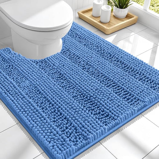 Smiry Thick Chenille Toilet Rugs U-Shaped 24x20, Bath Mat, Cornflower Blue | Soft Absorbent Striped Contour Bathroom Rugs, Machine Washable, Dry Quickly, Non‑Slip, Modern Home Decor Accessories