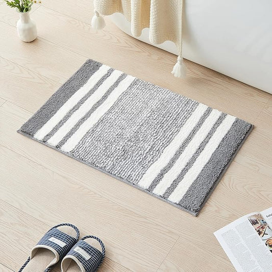 CozeCube Grey Striped 36"x24" Non Slip Washable Bath Mat | For Bathroom, Fluffy Absorbent Microfiber Bath Mats Machine Wash, Stylish Large Aesthetic Bathroom Rugs