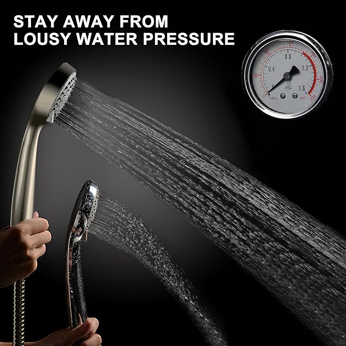 YOO.MEE High Pressure Handheld Shower Head, Power Boost Resists Low Flow | Against weak pressure, pulsating for deep rinsing, with 79 inch stainless steel hose, rotatable mount arm, brushed nickel