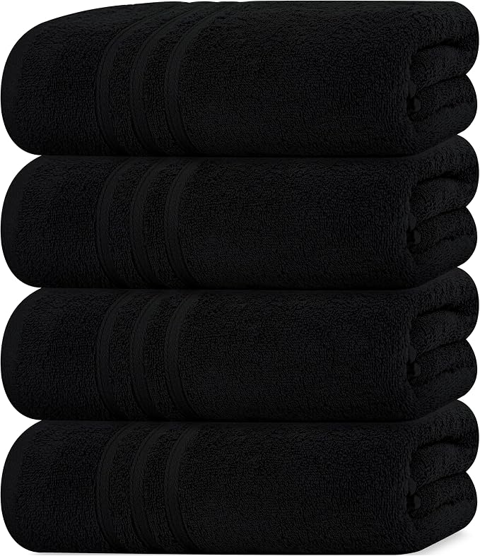 4 Piece Bath Towels 27x54 Inches, Black | 100% Cotton, Lightweight & Quick-Dry, Ideal for Daily Bathroom Use, Practical & Comfortable