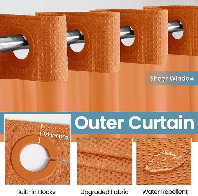 Heavyweight Waffle No Hook Shower Curtain with Liner, Burnt Orange, 71x74 | Snap in Liner, 256GSM, Thick, Hotel Luxury Spa, Waterproof Fabric, Corner Magnets, 3 in 1 Set, Washable, Hang in Seconds