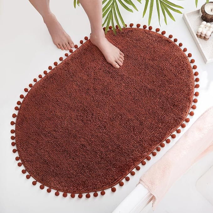 YIRDDEO Oval Rug for Bathroom, Boho Bath Mat with Pom, Terracotta, 36"x24" | Soft Plush, Absorbent, Quick Dry, Machine Washable, Non Slip Bath Mat for Bathroom Shower Floor Home Decor