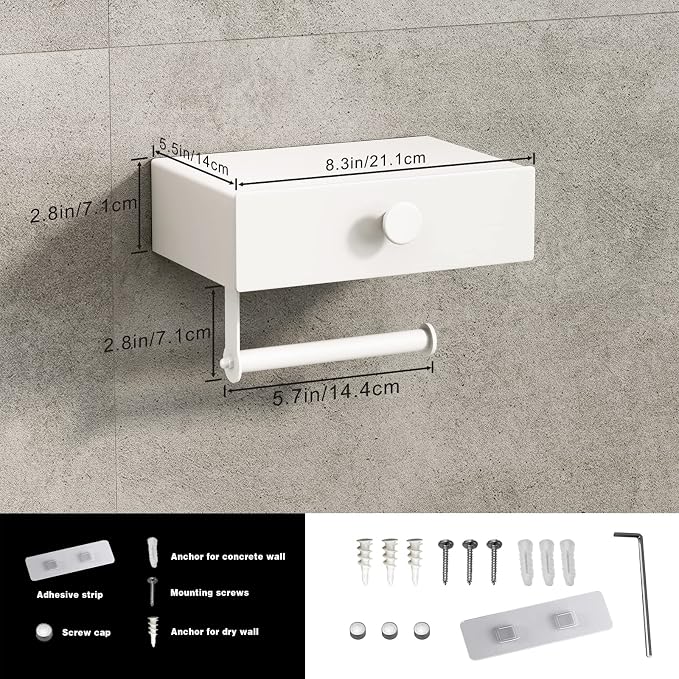 VOLDRA Toilet Paper Holder with Shelf White Wipes Dispenser for Bathroom Toilet Paper Holder with Storage Upgrade Drawer Design Toilet Tissue Holder Adhesive Small Bathroom Shelf Wall Mount