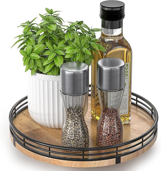 AMH 9-Inch Farmhouse Oak Lazy Susan Cabinet Organizer | Smooth rotating oak tray with walnut finish for dining tables, kitchen counters, pantries and cabinet storage.