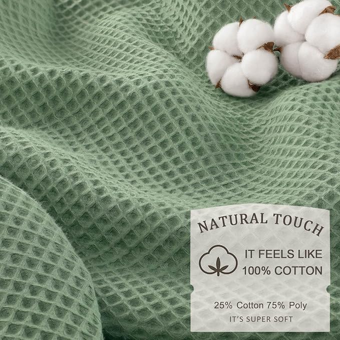 Stall Waffle Shower Curtain Heavyweight Cotton Fabric Sage Green 48Wx72L | Soft Cotton Cloth,3D Square Truely Waffle,Washable, Hotel Luxury Spa, Shower Curtains for Narrow Bathroom 12 Plastic Hooks