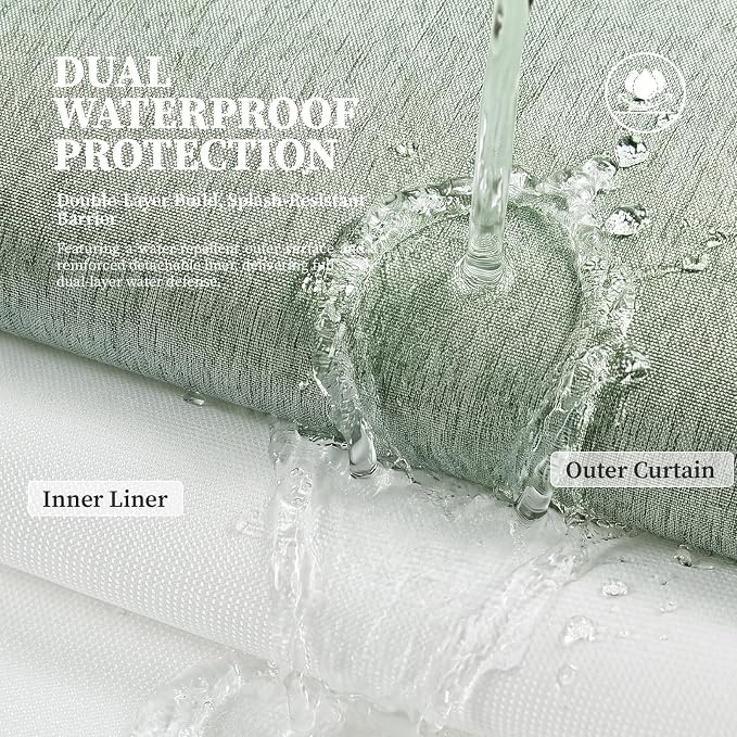 Sage Green Ringless Linen Look Shower Curtain with Snap in Liner 72x75 | 3 in 1 Hotel Shower Curtain Set, Removable Liner, Waterproof & Washable, Mesh Top Window, Durable Fabric, Easy to Install