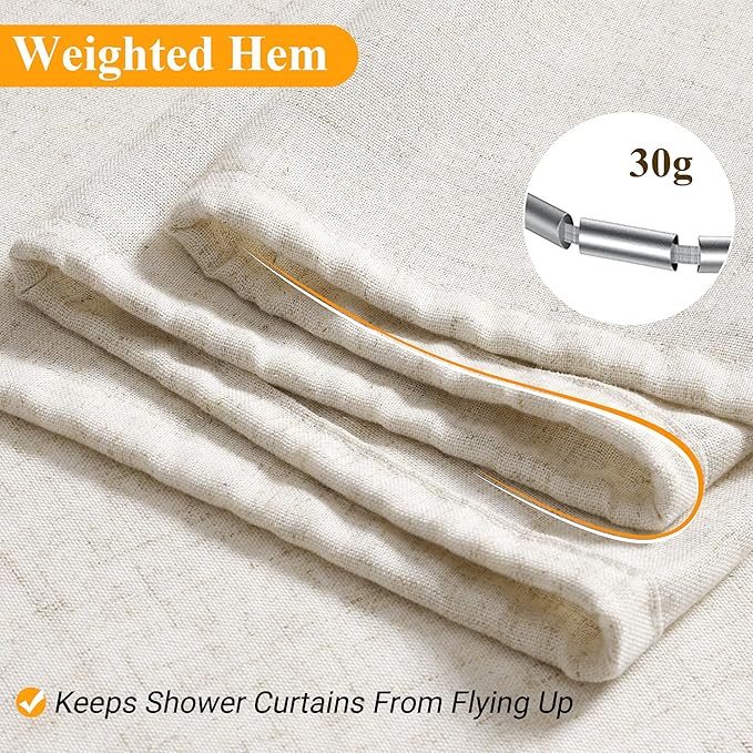 Linen Shower Curtain 76 Inch Long Weighted Thick Fabric Bath Shower Curtain Set with Hooks, XLong Tall Country Farmhouse Beige Curtains for Bathroom, 72x76