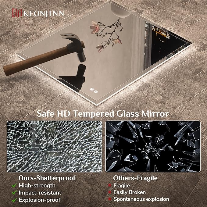 Keonjinn 42" x 36" Backlit Bathroom Mirror with Lights, Safe Tempered Glass | Beveled Edge, 3 Color Lights, Dimmable, Efficient Defogging, French Cleat, Memory Function, Lighted Bathroom Vanity Mirror