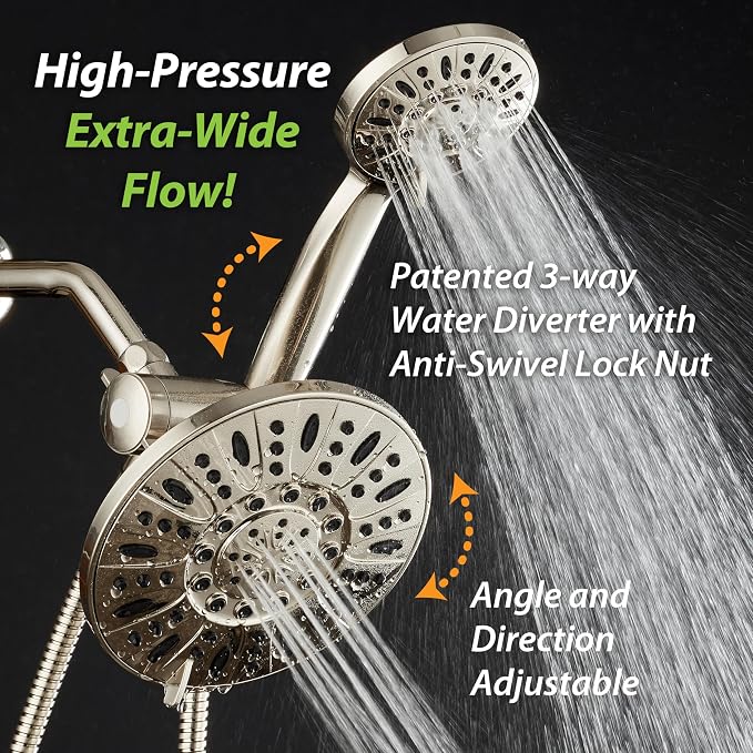 AquaDance 7" Premium High Pressure 3-way Rain & Handheld Shower Head Combo | Enjoy Dual 6-Setting Luxury Shower Heads Separately or Together for the Best of Both Worlds! Stainless Steel Hose - Nickel