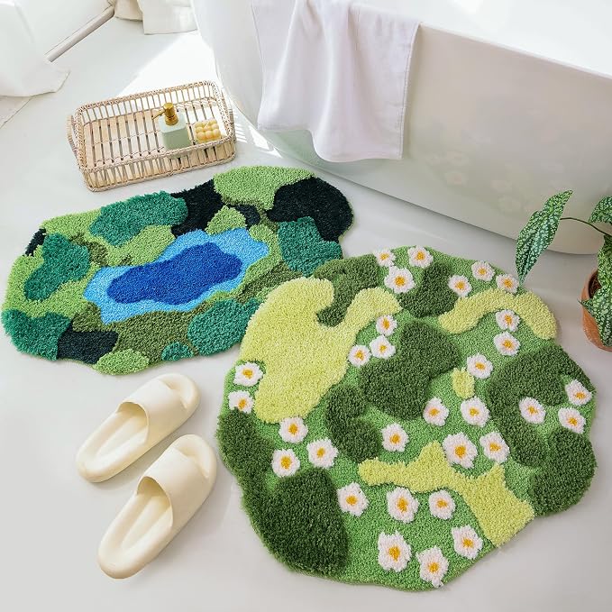 YIKUSH Moss Rug, Cute Green Plant Bath Mat with White Flowers, 29x26 Inch | Round Rugs, Bathroom Decor Aesthetic, Absorbent, Machine Washable, Non Slip Bath Mat for Bedroom Shower Floor Home Decor
