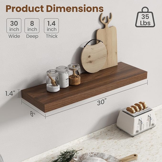 30 Inch Floating shelves for Wall, 8 Inch Deep, Invisible Brackets, Walnut | Rustic Wall Mounted Shelf, Storage & Display, Wooden Shelves for Living Room, Kitchen, Bathroom and Home Decor, Set of 2