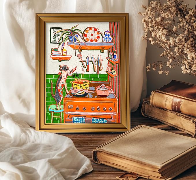 Vintage Gold Framed Animal Kitchen Wall Art Funny Dog Cooking Food Picture Wall Decor Colorful Chef Poster Rustic Farmhouse Kitchen Painting Canvas Print Artwork for Dining Room Restaurant Kids Room