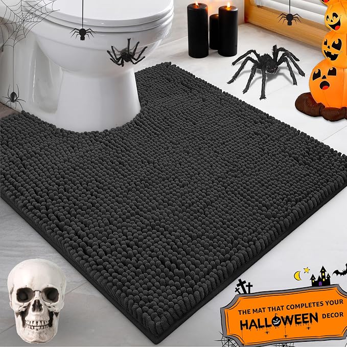 LuxUrux Black Toilet Rug - Extra-Soft Plush Bath Shower Bathroom Rug,1'' Chenille Microfiber Material, Super Absorbent Shaggy Bath Rug. Machine Wash & Dry (20 x 20, Black)