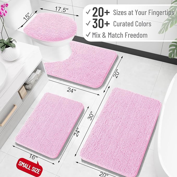 OLANLY Toilet Rugs U-Shaped 24x20, Soft Absorbent Chenille Contour Rugs | Pink, Quick-Drying Rubber Backing, Machine Washable Non-Slip Shaggy Bathroom Mat for Toilet, Home Decor Accessories