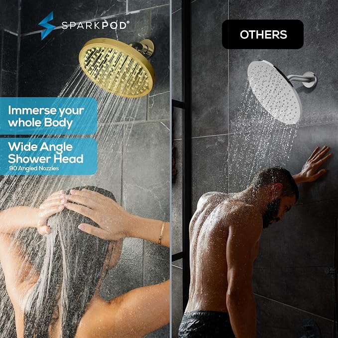 SparkPod Rain Shower Head, 8 Inch Round, Egyptian Gold Finish | High Pressure Shower Heads, 90 Nozzles, Adjustable Showerhead, No Tools Needed, Universal Connection