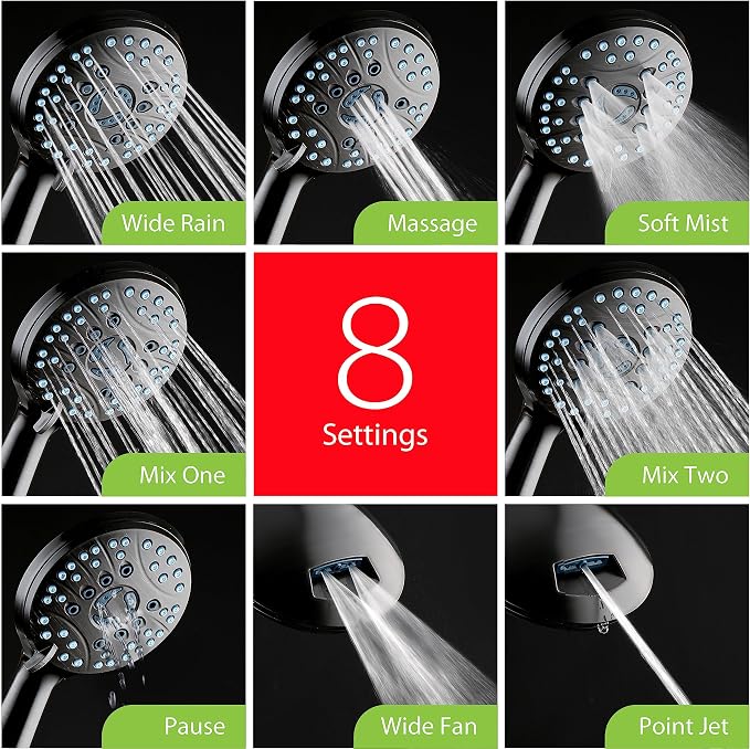 AquaCare High Pressure 8-mode Handheld Shower Head - Anti-clog Nozzles, Built-in Power Wash to Clean Tub, Tile & Pets, Extra Long 6 ft. Stainless Steel Hose, Wall & Overhead Brackets | Stay Clean Nozzles, Dual Power Wash for Tub, Tile & Pets, Long 6 ft...