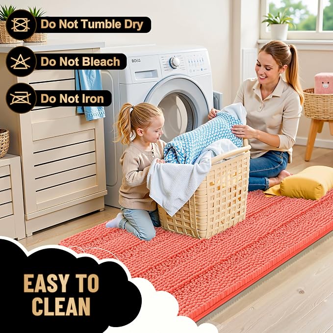 OLANLY Thick Bathroom Rugs 36x24, Soft Chenille Striped Bath Rugs, Coral | Rubber Backing, Machine Wash, Extra Absorbent Bath Mats for Bathroom Floor, Tub and Shower, Home Decor Accessories