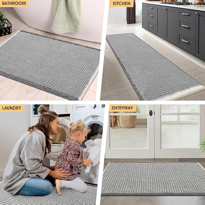 Waffle Bath Mat Darkgrey & Cream 36"x24", Boho Woven Modern Bath Mat Rugs, Absorbent Non Slip Bathroom Rugs, Soft Washable Bath Rugs with Tassels for Bedroom, Kitchen, Shower, Tub