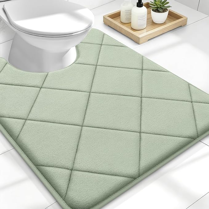 OLANLY Memory Foam Toilet Rugs U-Shaped 24x20, Ultra Soft and Absorbent | Sage Green, Quick Dry Commode Contour Rugs, Machine Washable, Comfortable Bathroom Contour Bath Mats for Toilet Base