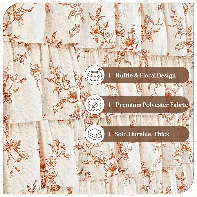 Yinhua Fall Ruffle Shower Curtains for Bathroom with Floral, 72" Wx72 L | Orange Floral Print, Ruflle Design, 12 Metal Hooks, Vintage Rustic Washable Waterproof Shower Curtain for Bathroom Bathtub