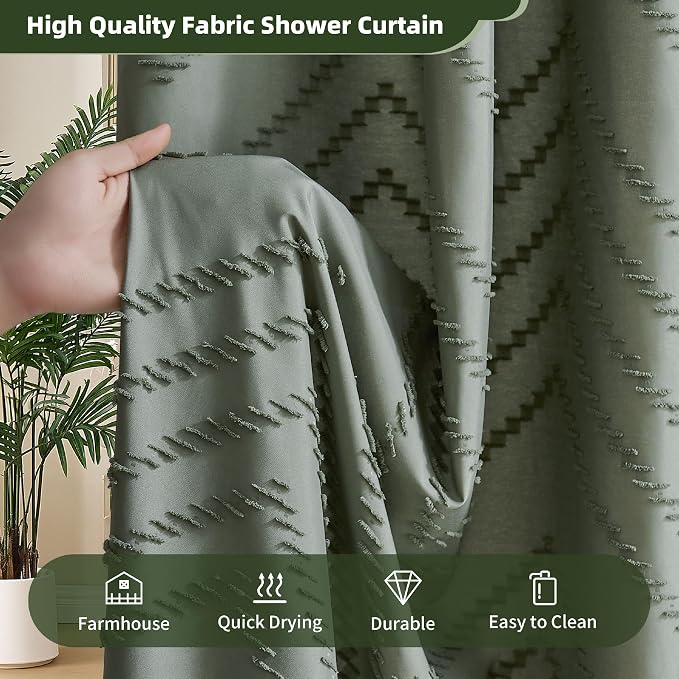 Siiluminisoy Boho Extra Long Sage Green Shower Curtain with Tassel, Woven Fabric, Tufted Chevron Striped, 72 x 78, Modern Chic Textured Minimalist