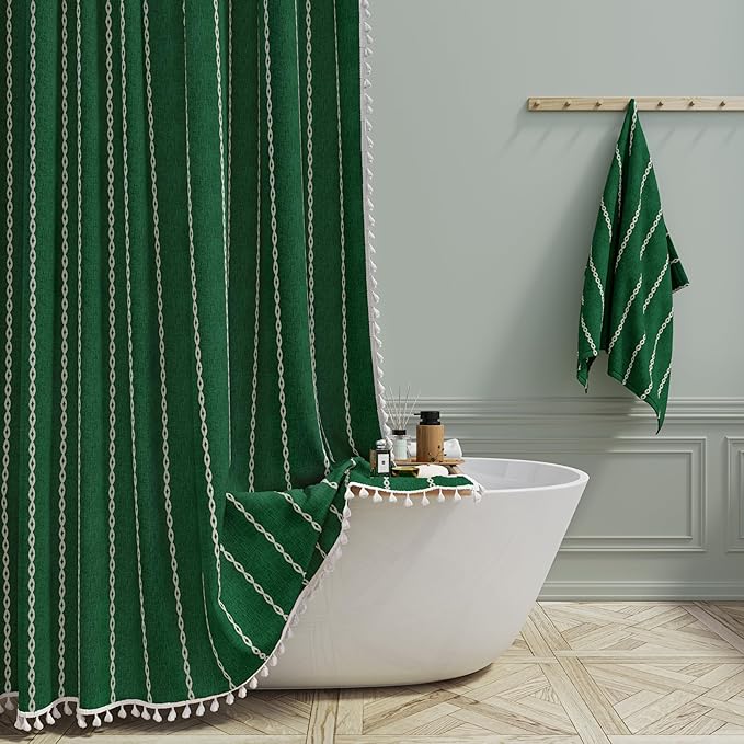 Emerald Green Boho Farmhouse Linen Heavy Duty Shower Curtain, 72x72 | 330GSM Linen Blend, Water Repellent, Vintage Striped Fabric, 12 Plastic Hooks, Rustic Country, Machine Washable, for Bathroom