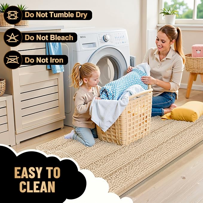 OLANLY Thick Large Bathroom Rugs 44x32, Soft Chenille Bath Rugs, Beige | Absorbent Striped, Rubber Backing, Machine Wash Dry, Bath Mats for Bathroom Floor, Tub and Shower, Home Decor Accessories