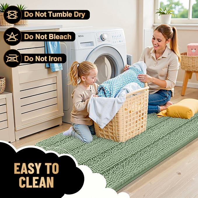 OLANLY Thick Large Bathroom Rugs 44x32, Chenille Bath Rugs, Sage Green | Absorbent Striped, Rubber Backing, Machine Wash Dry, Bath Mats for Bathroom Floor, Tub and Shower, Home Decor Accessories