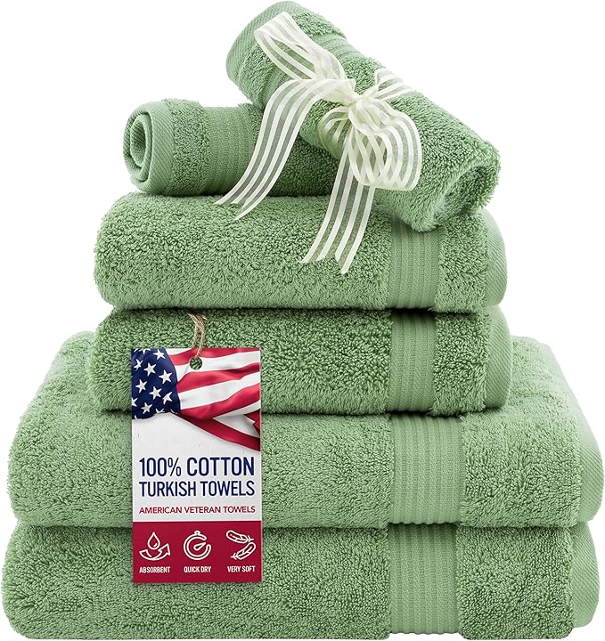 American Veteran Towel, 6 Piece Towel Set for Bathroom, 100% Cotton Turkish Bathroom Towels, 2 Bath Towels 2 Hand Towels 2 Washcloths, Sage Green