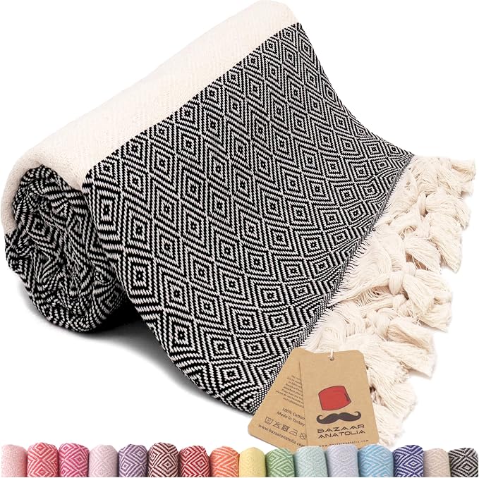Turkish Beach Towel, 100% Cotton, 71x39 in, Diamond Black