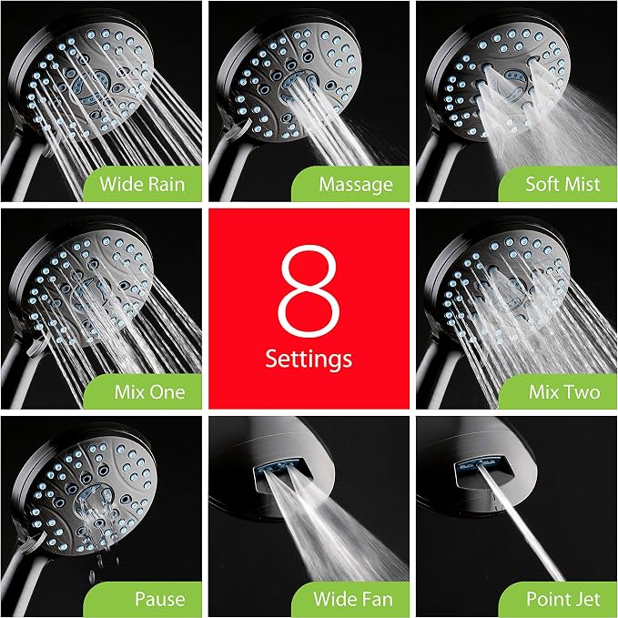 AquaCare 8-mode High Pressure Handheld Shower Head with 2-mode Power Wash | Stay Clean Nozzles, Dual Power Wash for Tub, Tile & Pets, Long 6 ft. Stainless Steel Hose, Wall & Overhead Brackets / Bronze