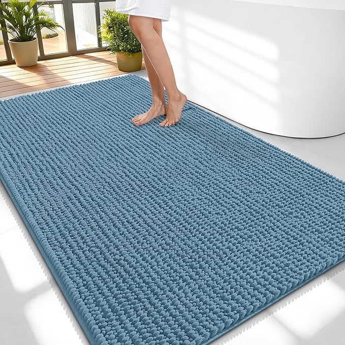 OLANLY Thick Chenille Large Bathroom Rugs Mats 59x35, Airy Blue | Soft Absorbent Bath Rugs, Rubber Backing, Machine Wash Dry, Bath Mats for Bathroom, Tub and Shower, Home Decor Accessories