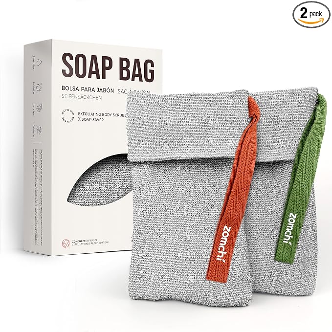 ZOMCHI Soap Saver Bags for Bar Soap, 2 Pack, Gentle Texture Grey | Nylon Mesh Helps Create Rich Lather, Hanging Loop, Quick Drying Design, Roomy Pouch For Bath And Shower Routines