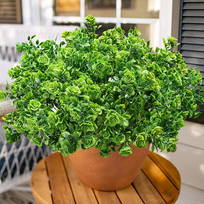 Artificial Plants for Outdoors Outside Spring Summer Decoration, 12 Bundles Faux Green Plastic Leaves Stems Bulk Fake Greenery Look Real UV Resistant for Home Porch Patio Planter Yard Wedding