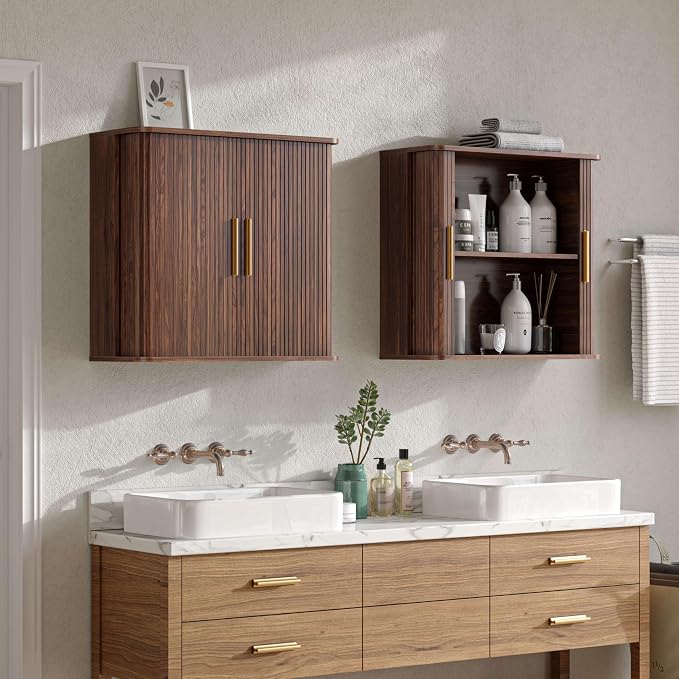 FIMELLO 59" W Laundry Room Cabinets Wall Mounted, Kitchen Wall Cabinet with Sliding Tambour Door, Floating Cabinet for Wall, Upper Cabinets, Hanging Wall Cabinets, Brown Walnut
