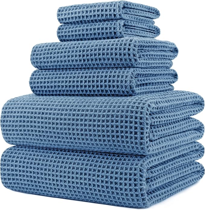 POLYTE 430 GSM Poly Blend Microfiber Quick Dry Waffle Bath Towel Set of 6 | 2-Body Towels, 2-Hand Towels, 2-Wash cloths, Oversize, Lint Free