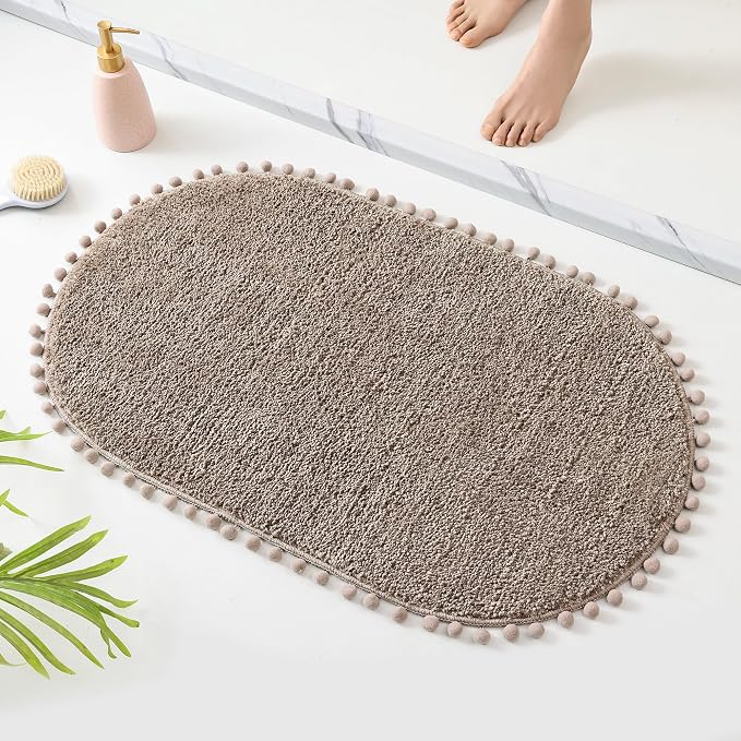 YIRDDEO Oval Rug for Bathroom, Cute Boho Bath Mat with Pom, Oatmeal | Soft Plush, Absorbent, Quick Dry, Machine Washable, Non Slip Bath Mat for Bathroom Shower Floor Home Decor