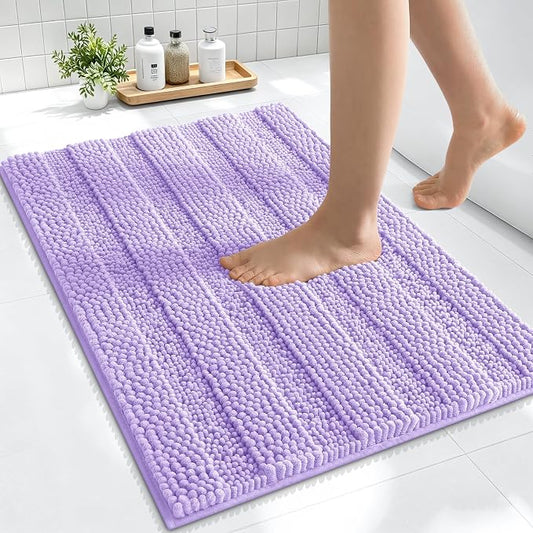 Smiry Thick Small Chenille Bathroom Rugs 24x16, Soft Bath Mat, Lavender | Quick‑Dry & Machine Washable, Non‑Slip Bath Carpet, Striped Bath Rugs for Tub & Shower, Modern Home Decor Accessories