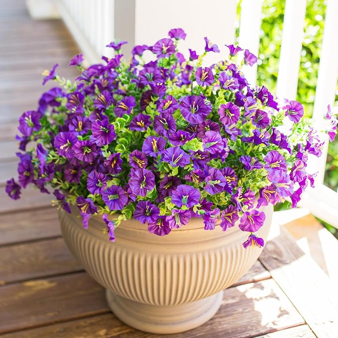 Artificial Flowers for Outdoors Fake Plants Outside Decoration, 12 Bundles Silk Purple Morning Glory with Eucalyptus UV Resistant Look Real Faux Flower for Planter Front Door Porch Patio Yard